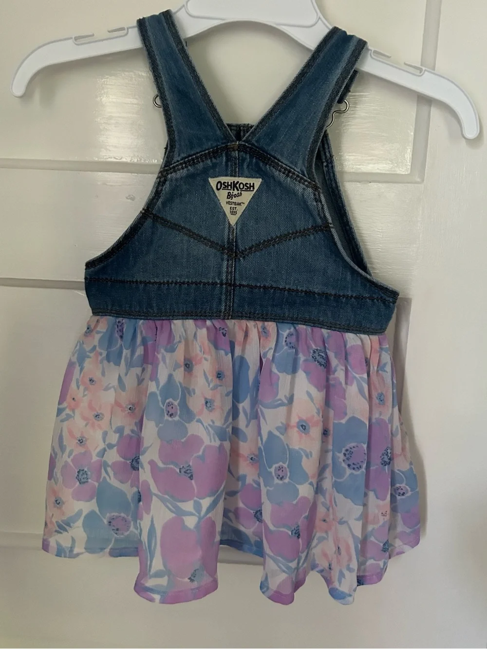 OshKosh B'gosh Denim Overall Dress Pastel Blue, Pink, Purple Floral Skirt 12-18M